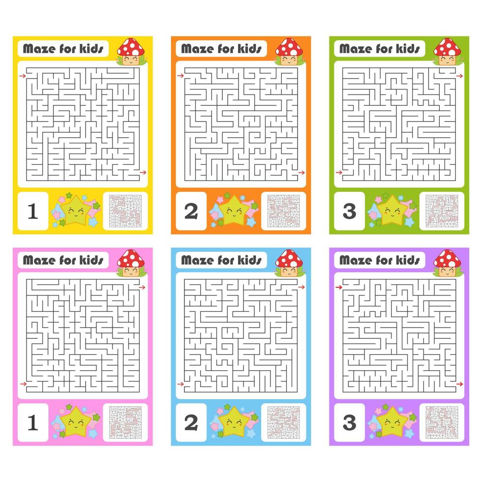 Square maze. Game for kids. Puzzle for children. Labyrinth conundrum. Color vector illustration. Find the right path. The development of logical and spatial thinking.
