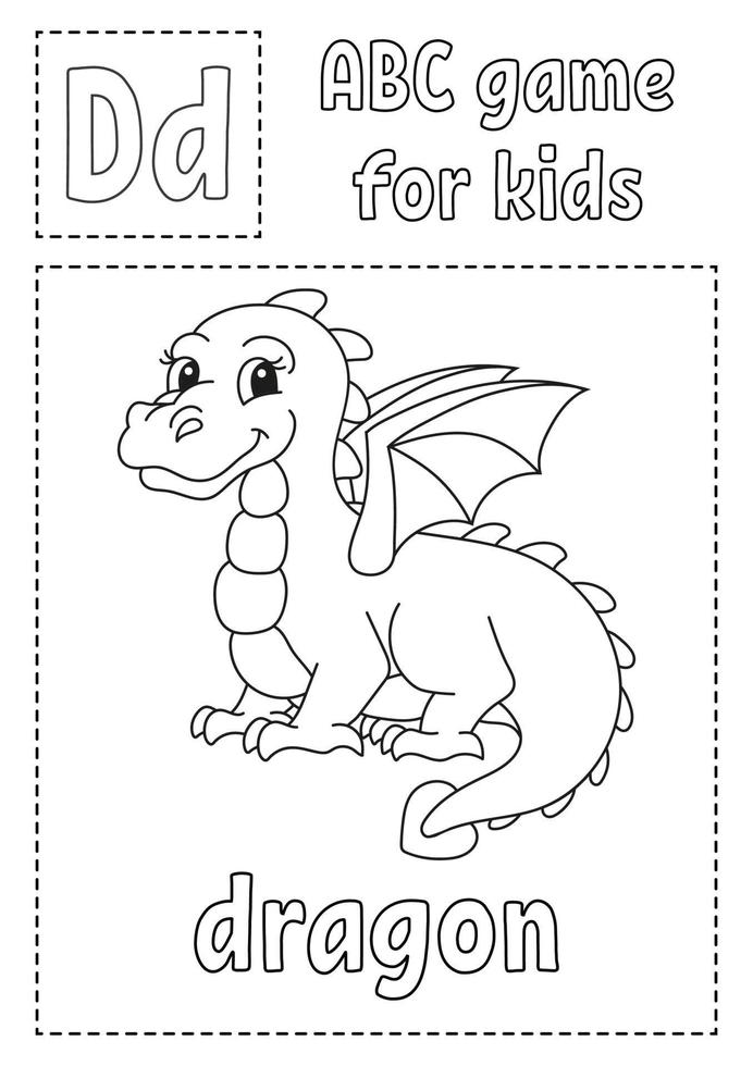 la letra d es para dragón. juego de abc para niños. Página para colorear del alfabeto. personaje animado. palabra y letra. ilustración vectorial. vector