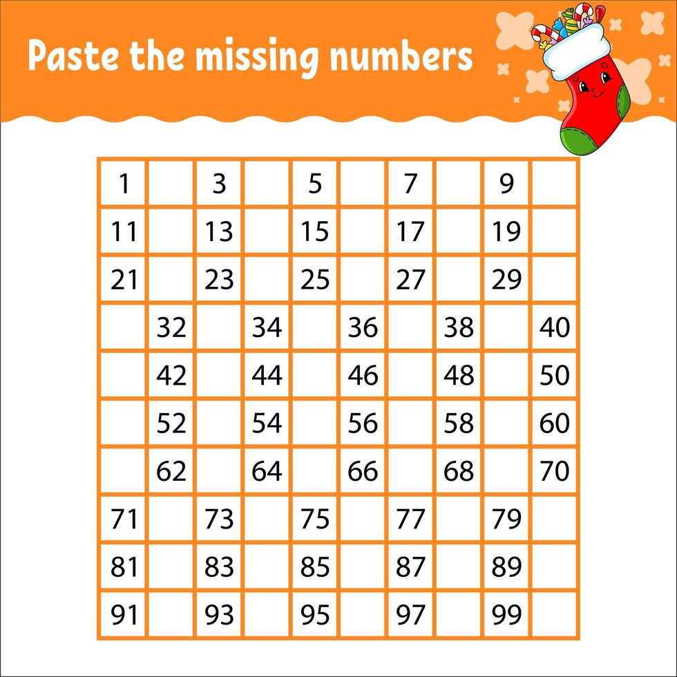 Paste the missing numbers. Handwriting practice. Learning numbers for kids. Education developing worksheet. Activity page. Game for children. Isolated vector illustration in cute cartoon style.