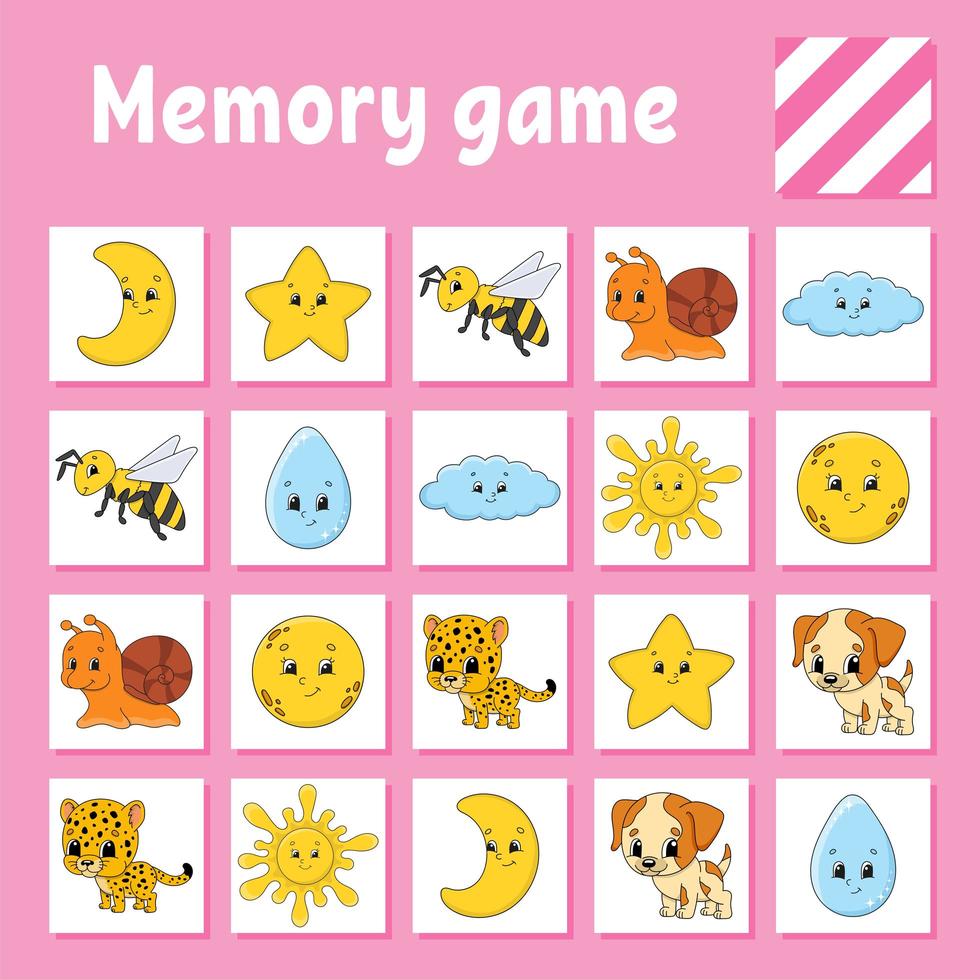 Memory game for kids. Education developing worksheet. Activity page with pictures. Puzzle game for children. Logical thinking training. Isolated vector illustration. Funny character. Cartoon style.