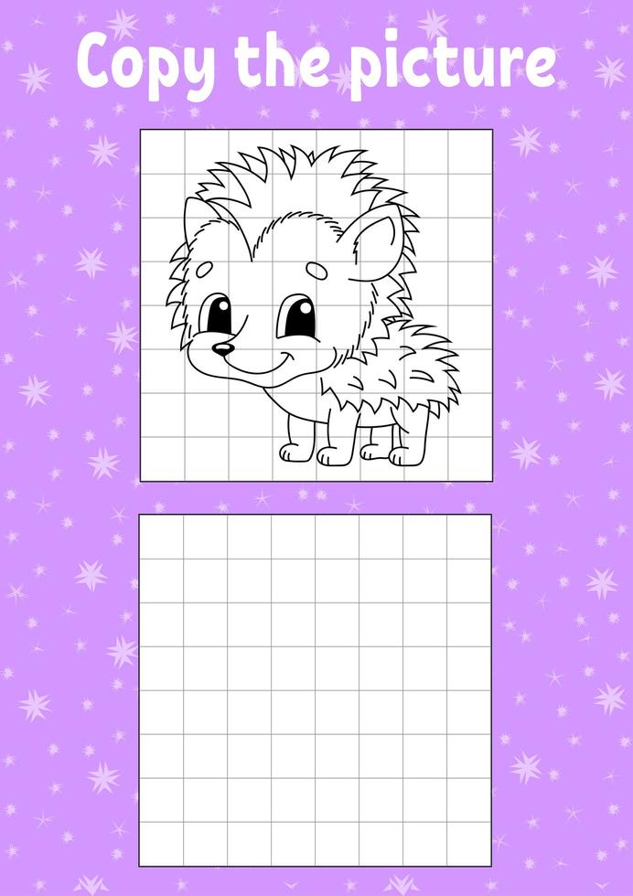 Copy the picture. Coloring book pages for kids. Education developing worksheet. Hedgehog animal. Game for children. Handwriting practice. Funny character. Cartoon vector illustration.