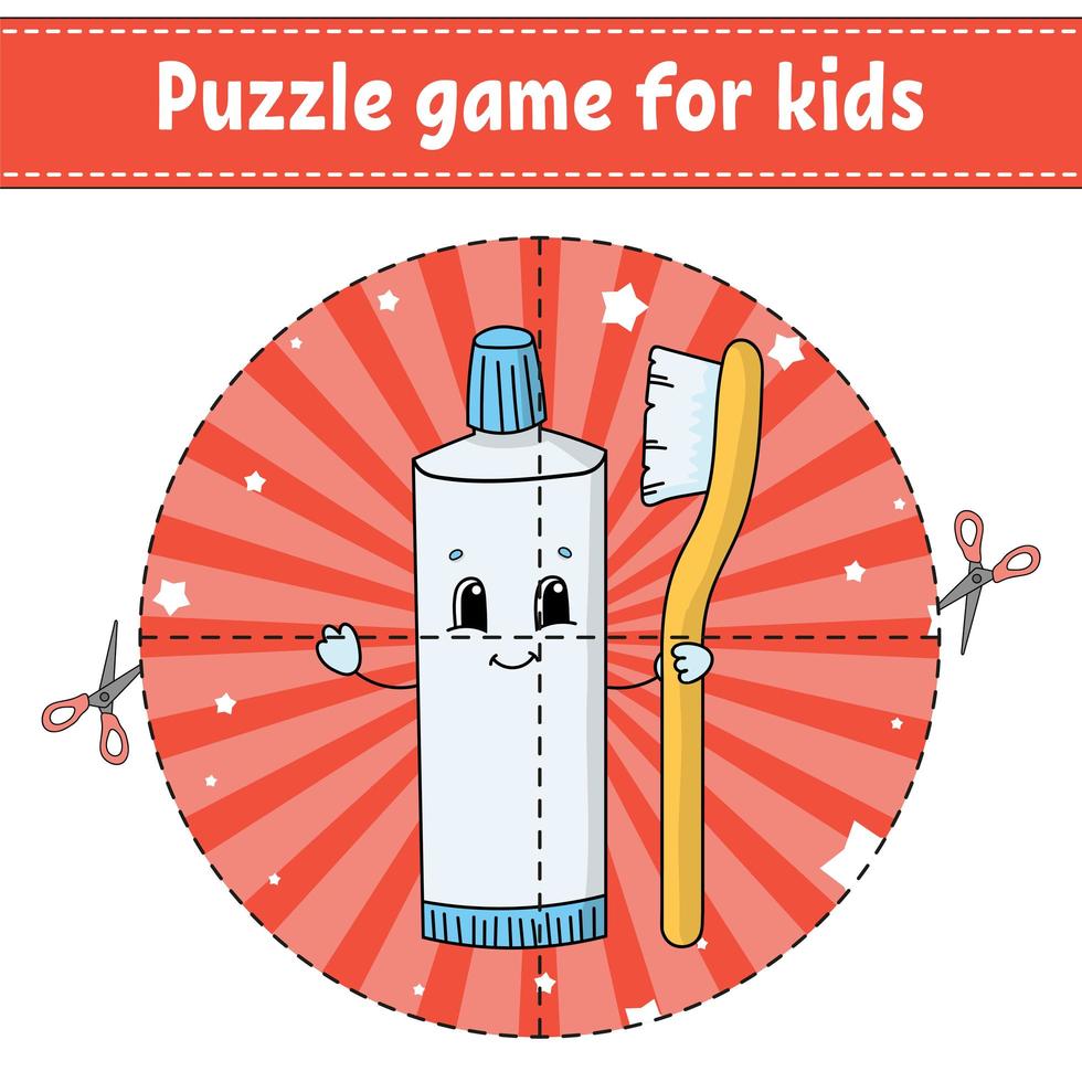 Cut and play. Round puzzle. Toothpaste Tube With Toothbrush. Logic puzzle for kids. Activity page. Cutting practice for preschool. Cartoon character. vector