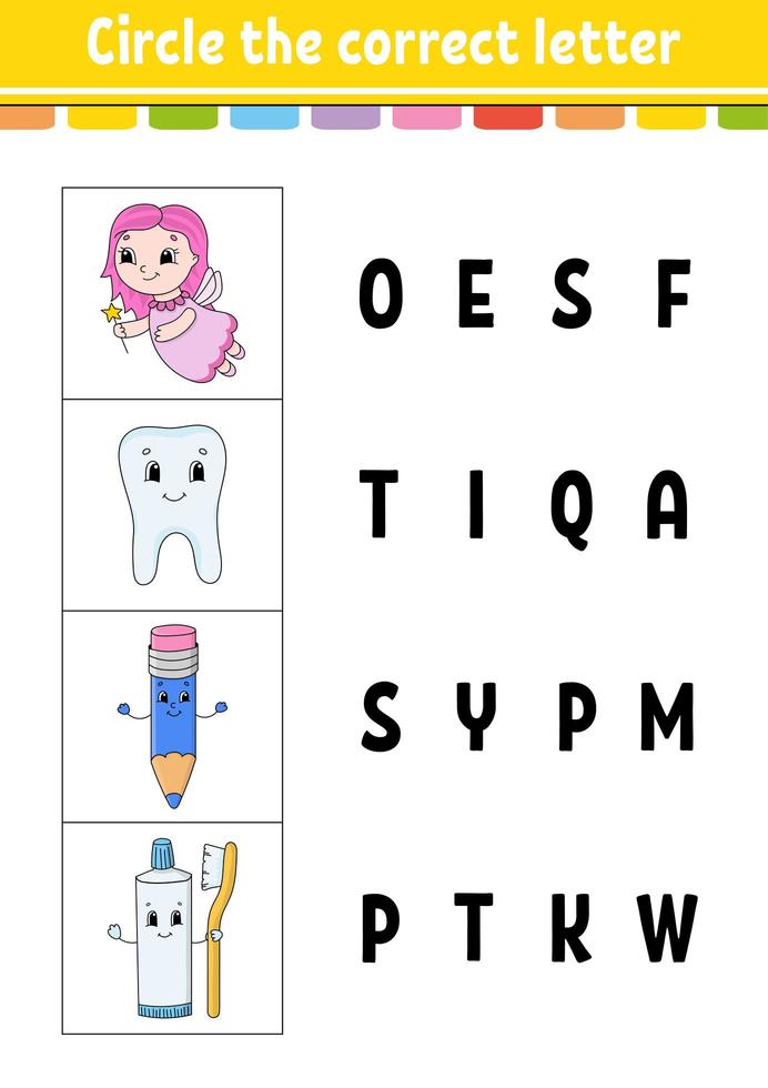 Circle the correct letter. Education developing worksheet. Learning game for kids. Color activity page. Cartoon character. vector