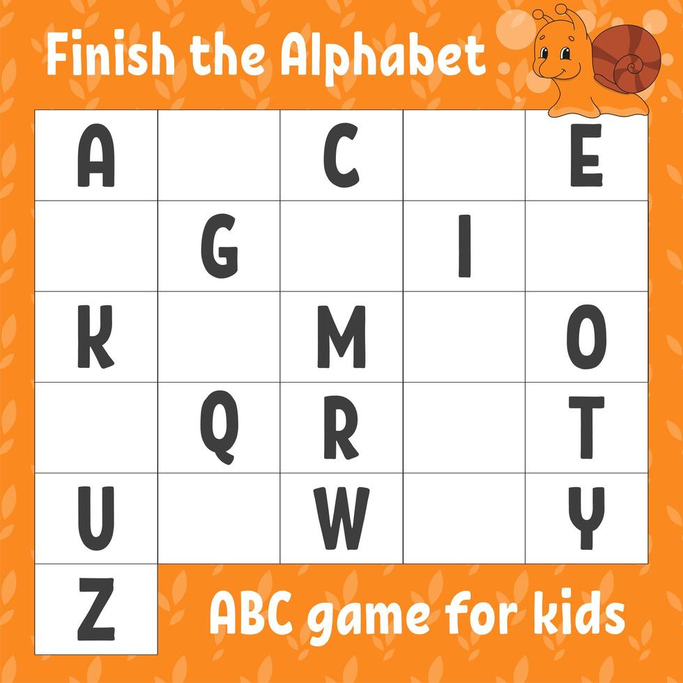 Finish the alphabet. ABC game for kids. Education developing worksheet. Learning game for kids. Color activity page. vector