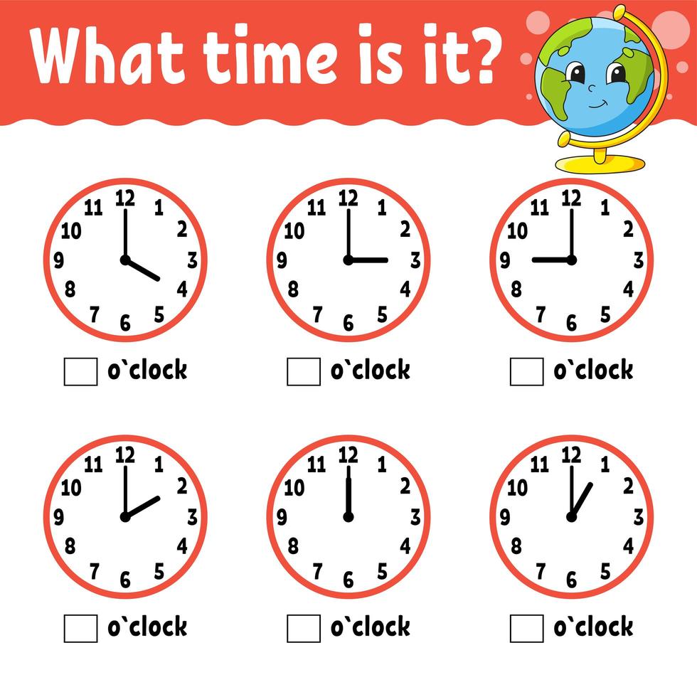 Learning time on the clock. Educational activity worksheet for kids and toddlers. Game for children. Simple flat isolated color vector illustration in cute cartoon style.