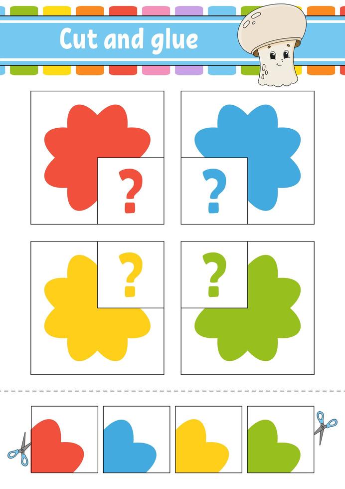 Cut and glue. Four flash cards. Color puzzle. Education developing worksheet. Activity page. Game for children. Funny character. Isolated vector illustration. Cartoon style.