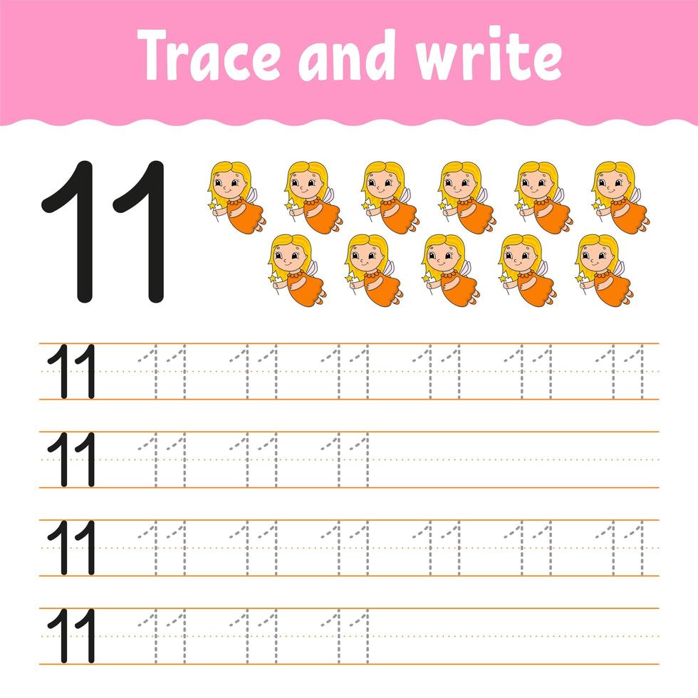 Trace and write. Number 11. Handwriting practice. Learning numbers for kids. Activity worksheet. Cartoon character. vector