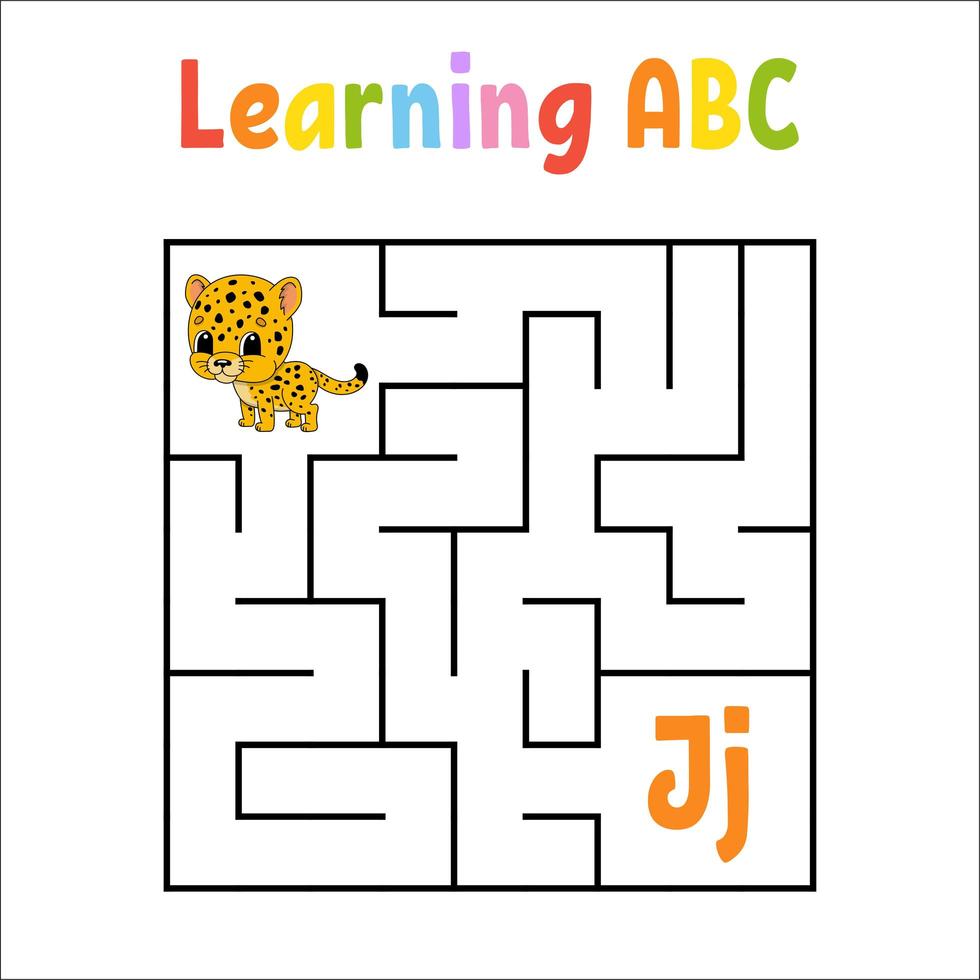 Square maze. Game for kids. Quadrate labyrinth. Education worksheet. Activity page. Learning English alphabet. Cartoon style. Find the right way. Color vector illustration.