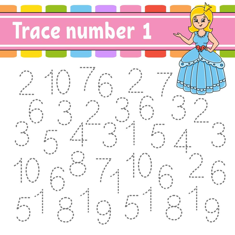 Trace number 1. Handwriting practice. Learning numbers for kids. Education developing worksheet. Activity page. Game for toddlers and preschoolers. Isolated vector illustration in cute cartoon style.