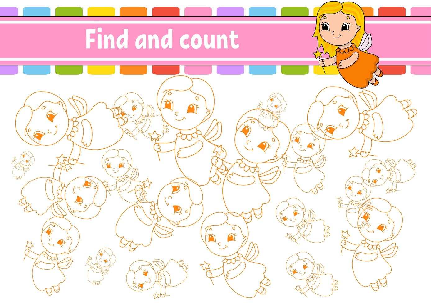 Find and count. Tooth Fairy. Education developing worksheet. Activity page. Puzzle game for children. Logical thinking training. Isolated vector illustration. Cartoon character.