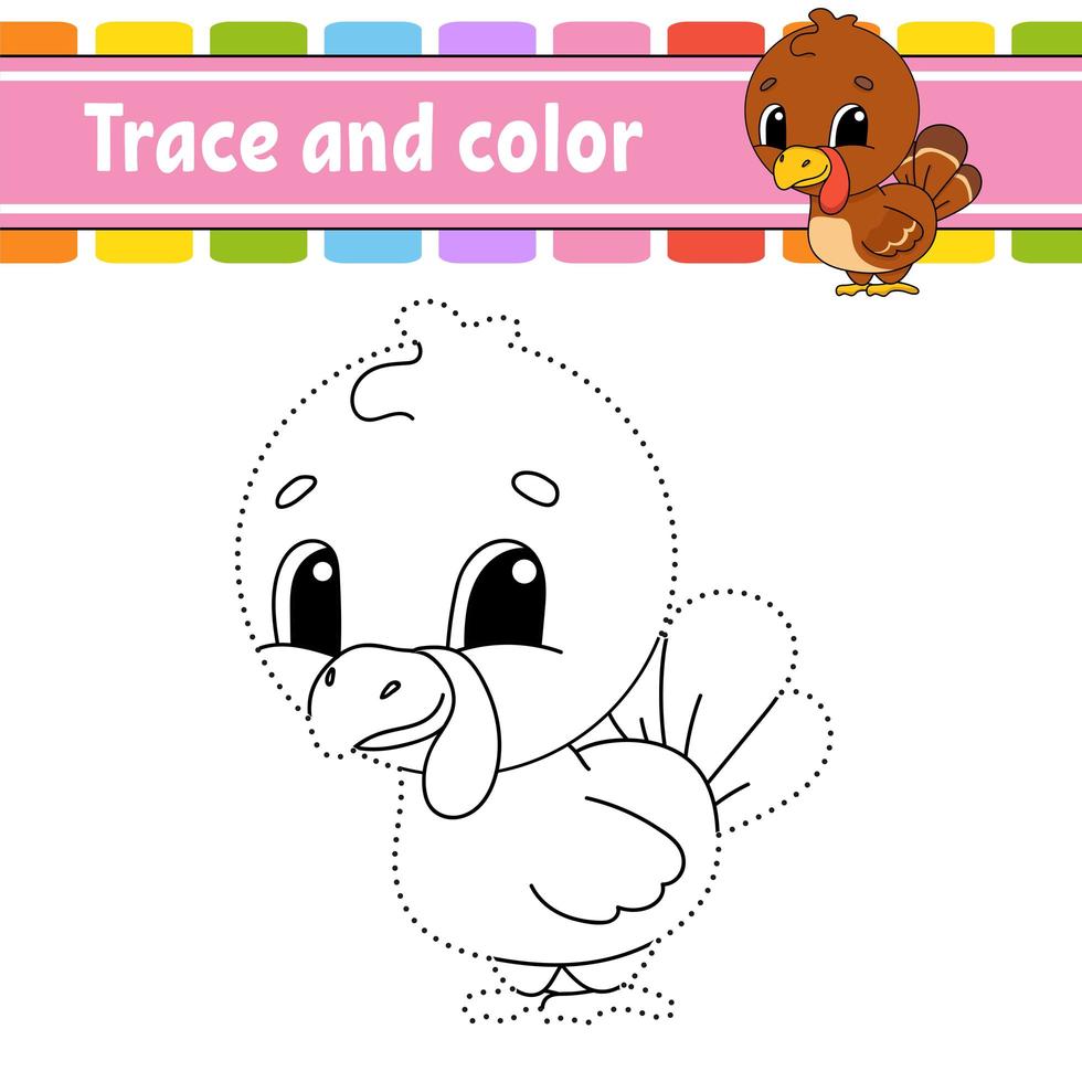 Trace and color. Turkey bird. Coloring page for kids. Handwriting practice. Education developing worksheet. Activity page. Game for toddlers. Isolated vector illustration. Cartoon style.