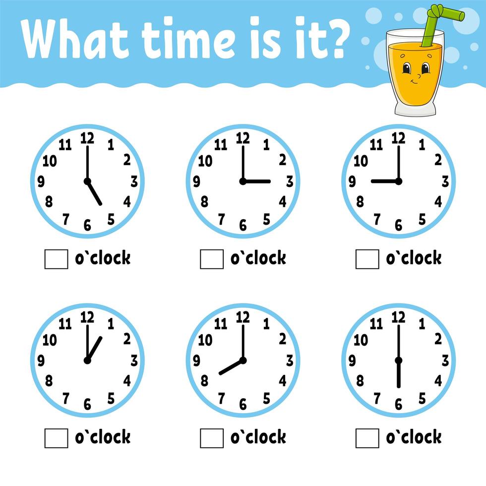 aprender el tiempo en el reloj. hoja de trabajo de actividades educativas para niños y niños pequeños. jugo de vidrio. juego para niños. Ilustración de vector de color aislado plano simple en estilo de dibujos animados lindo.