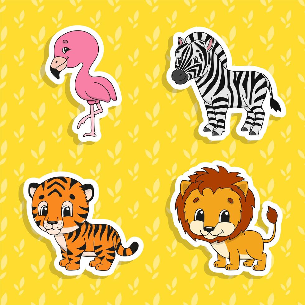 Set of bright color stickers. Orange lion. Orange tiger. Happy zebra. Pink flamingo. Cute cartoon characters. Vector illustration isolated on color background. Wild animals.