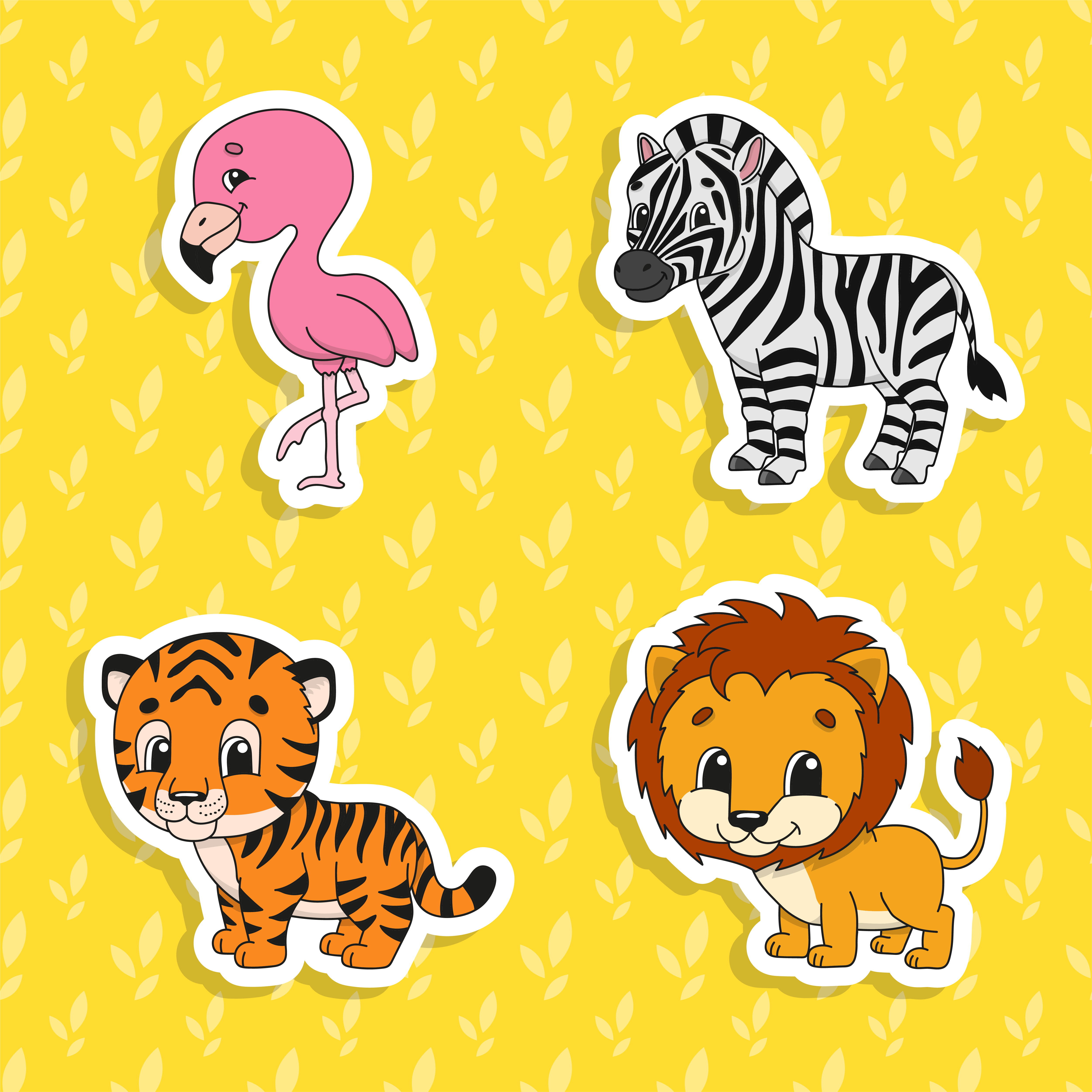 Set of bright color stickers. Orange lion. Orange tiger. Happy zebra. Pink  flamingo. Cute cartoon characters. Vector illustration isolated on color  background. Wild animals. 3773029 Vector Art at Vecteezy