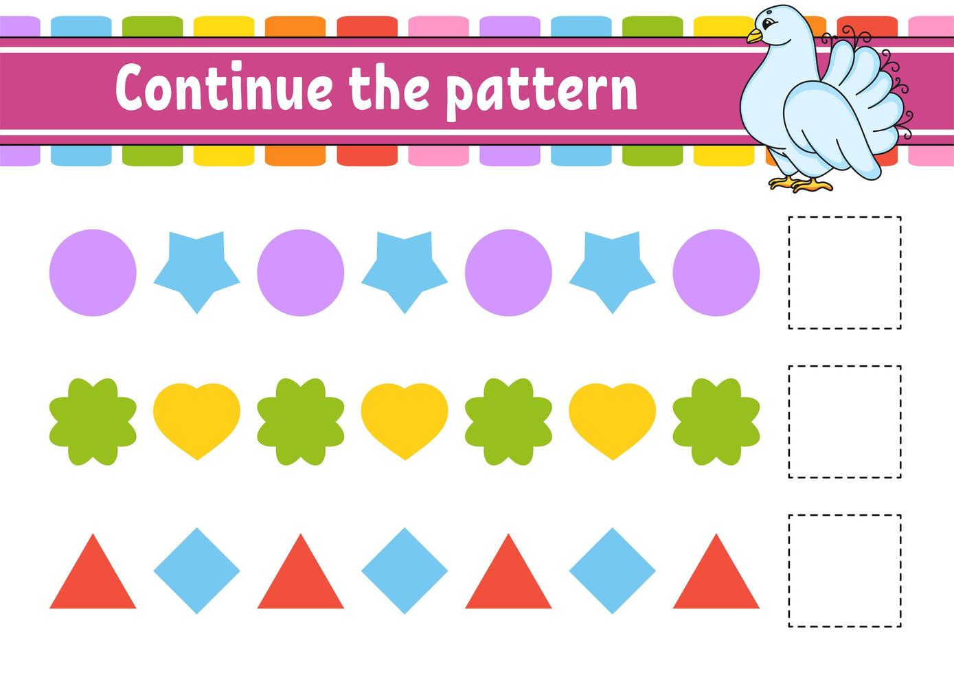 Continue the pattern. Education developing worksheet. Game for kids. Activity page. Puzzle for children. Riddle for preschool. Flat isolated vector illustration. Cute cartoon style.