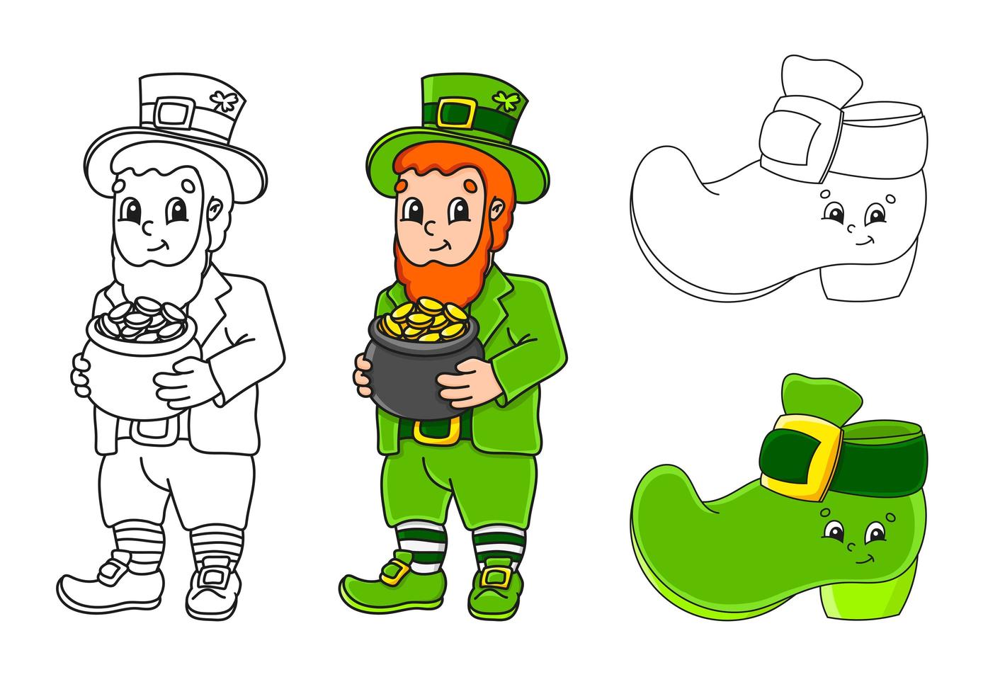 Establecer página para colorear para niños. S t. día de San Patricio. duende con una olla de oro, bota. lindos personajes de dibujos animados. trazo negro. ilustración vectorial. con muestra. vector