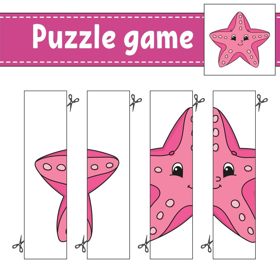 Puzzle game for kids. Cutting practice. Sea starfish. Education developing worksheet. Activity page.Cartoon character. vector