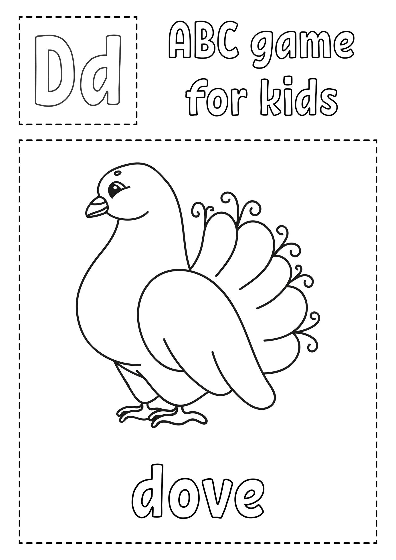 Letter D is for dove. ABC game for kids. Alphabet coloring page