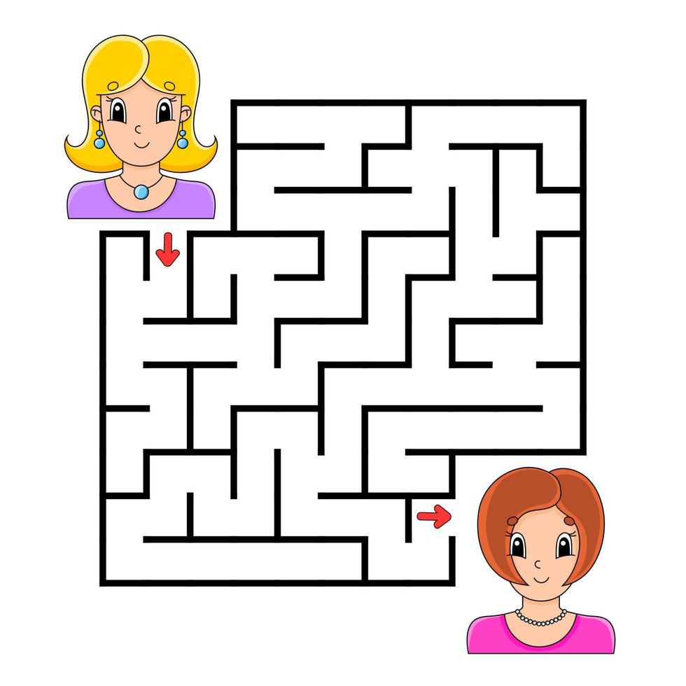 Square maze. Game for kids. Puzzle for children. Labyrinth conundrum. Color vector illustration. Isolated vector illustration. Cartoon character.