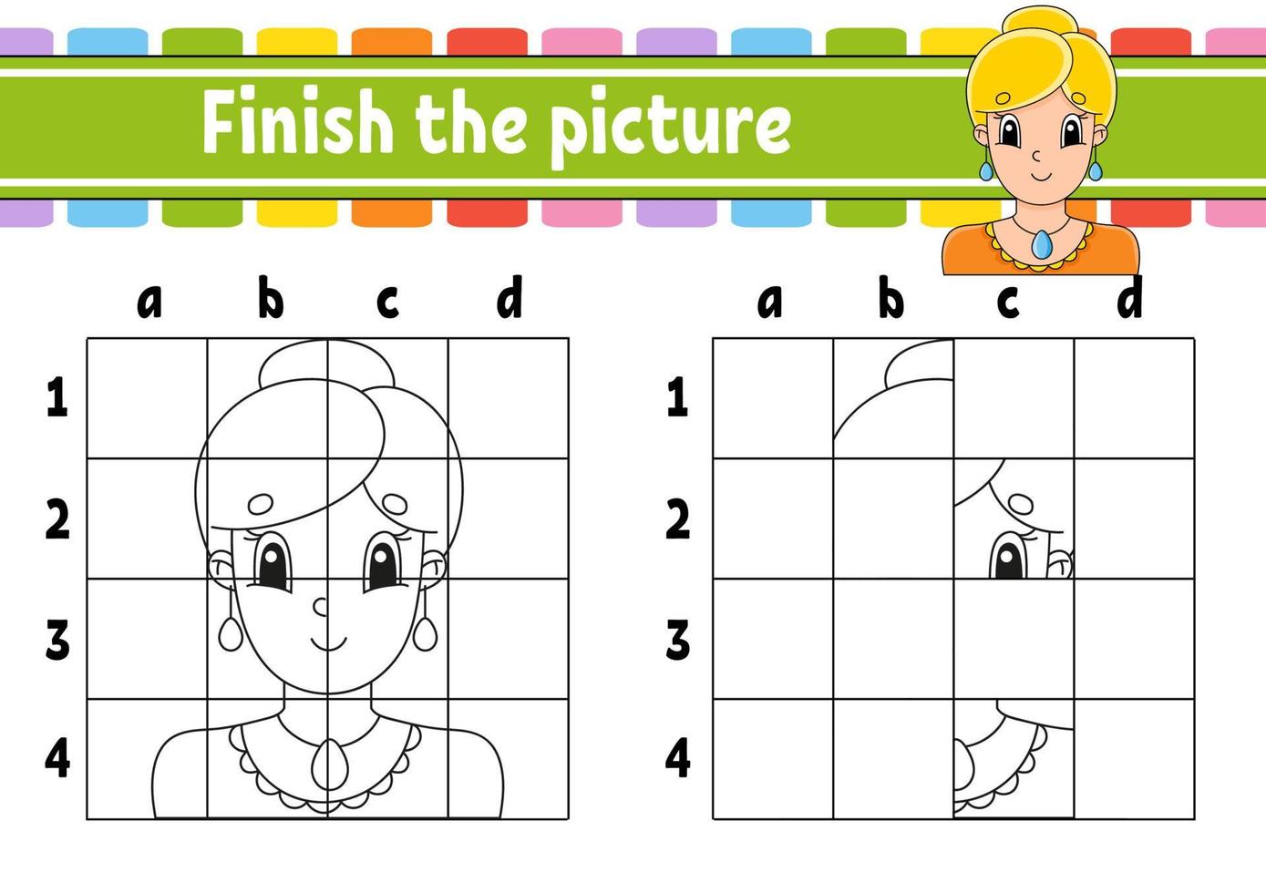 Finish the picture. Coloring book pages for kids. Education developing worksheet. Game for children. Handwriting practice. Cartoon character. Vector illustration.