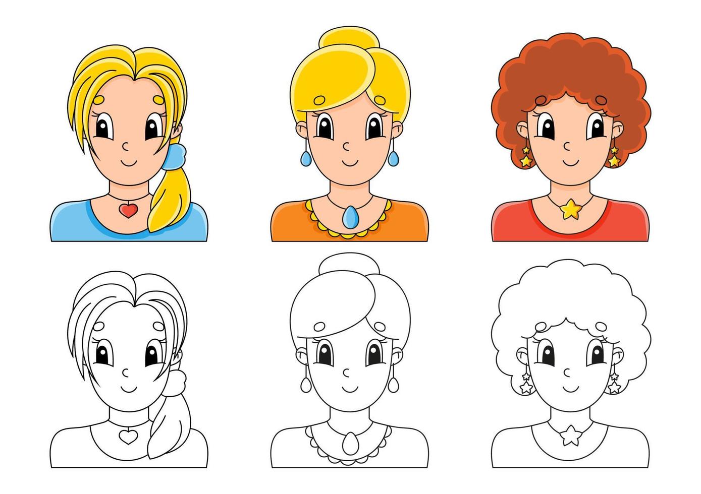 Establecer página para colorear para niños. lindos personajes de dibujos animados. trazo negro. con muestra. ilustración vectorial. vector