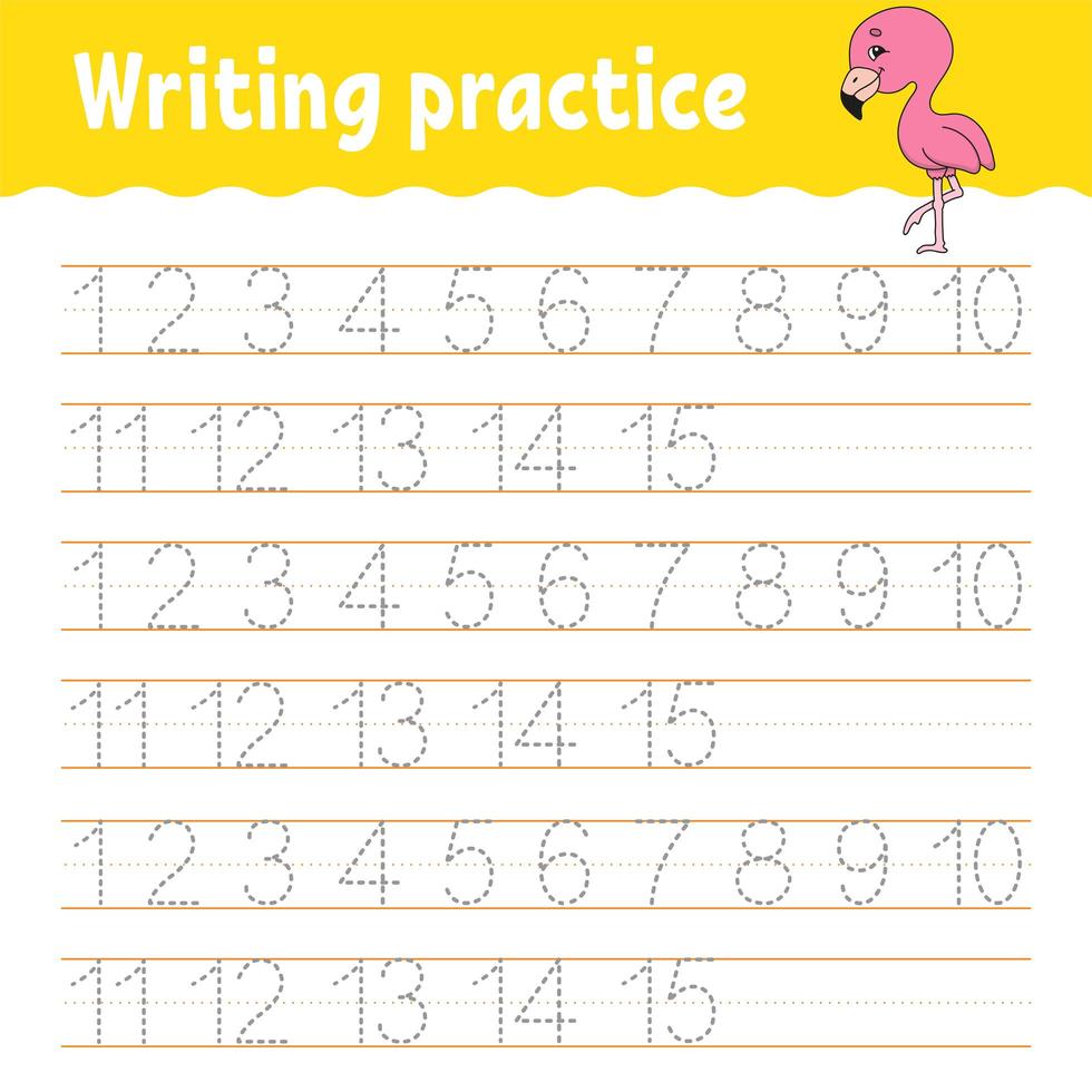 Trace and write. Handwriting practice. Learning numbers for kids. Education developing worksheet. Activity page. Game for toddlers and preschoolers. Isolated vector illustration in cute cartoon style.