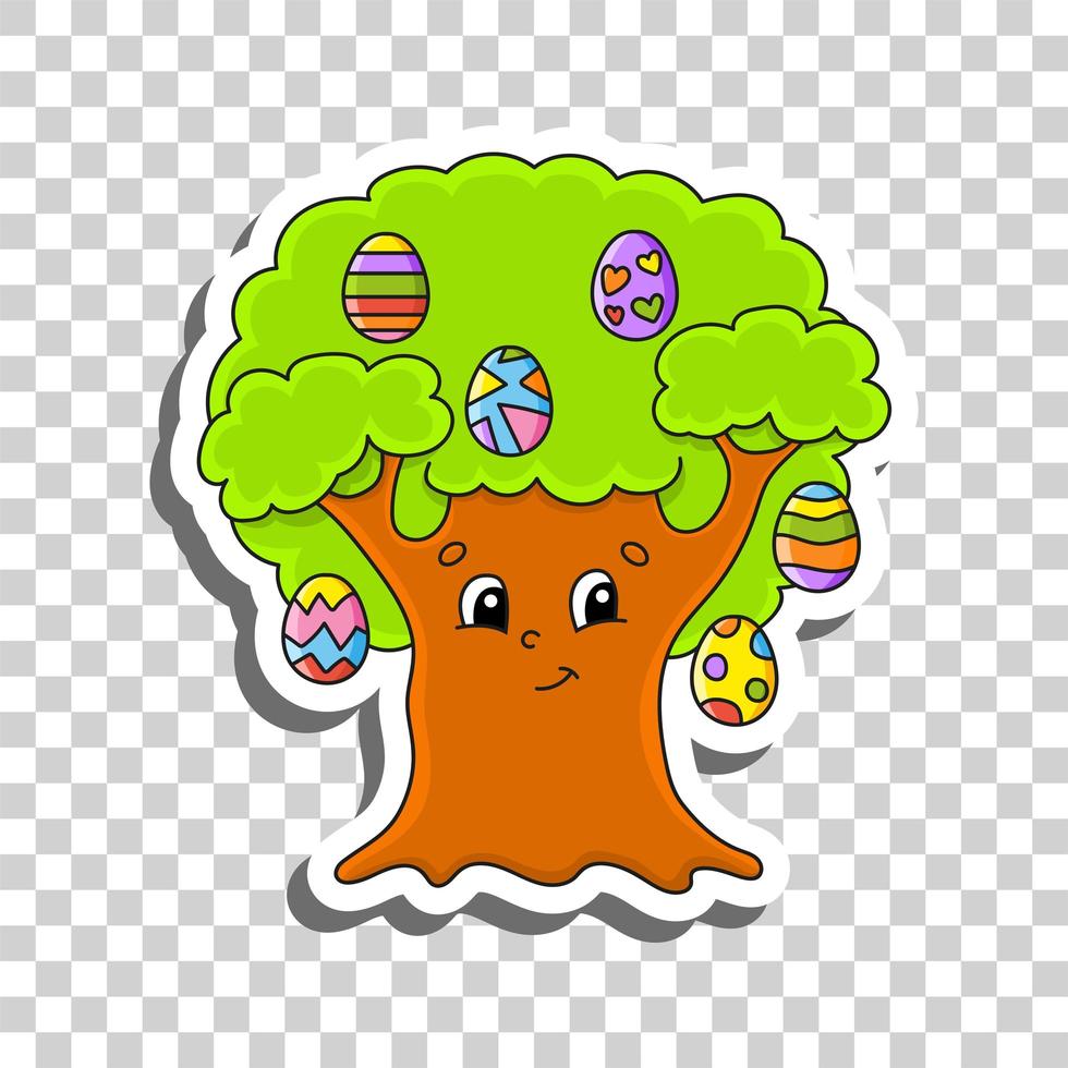 Cute cartoon character. Sticker with contour. Easter egg tree. Colorful vector illustration. Isolated on transparent background. Design element