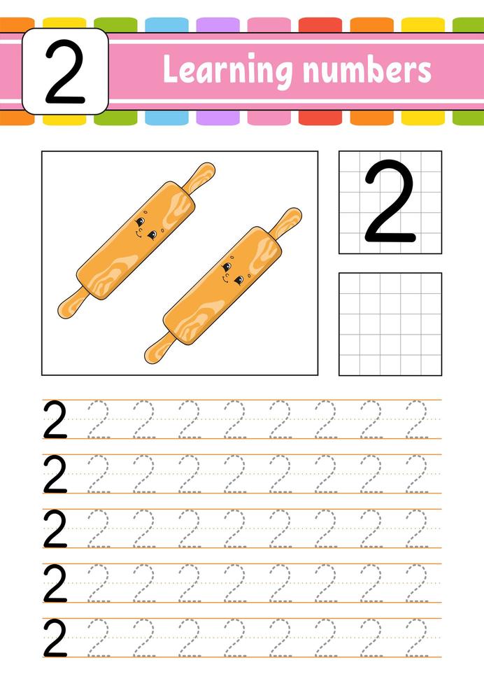 número 2. trazar y escribir. práctica de escritura a mano. aprender números para niños. hoja de trabajo de desarrollo educativo. página de actividad. Ilustración de vector aislado en estilo de dibujos animados lindo.