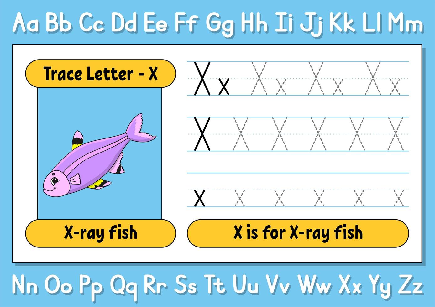 Trace letters. Writing practice. Tracing worksheet for kids. Learn alphabet. Cute character. Vector illustration. Cartoon style.