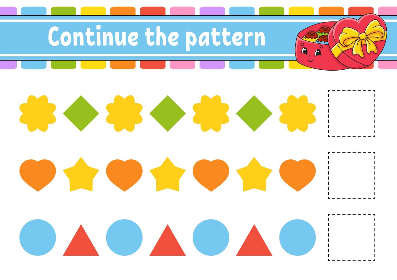Continue the pattern. Education developing worksheet. Game for kids. Activity page. Puzzle for children. Riddle for preschool. Flat isolated vector illustration. Cute cartoon style.
