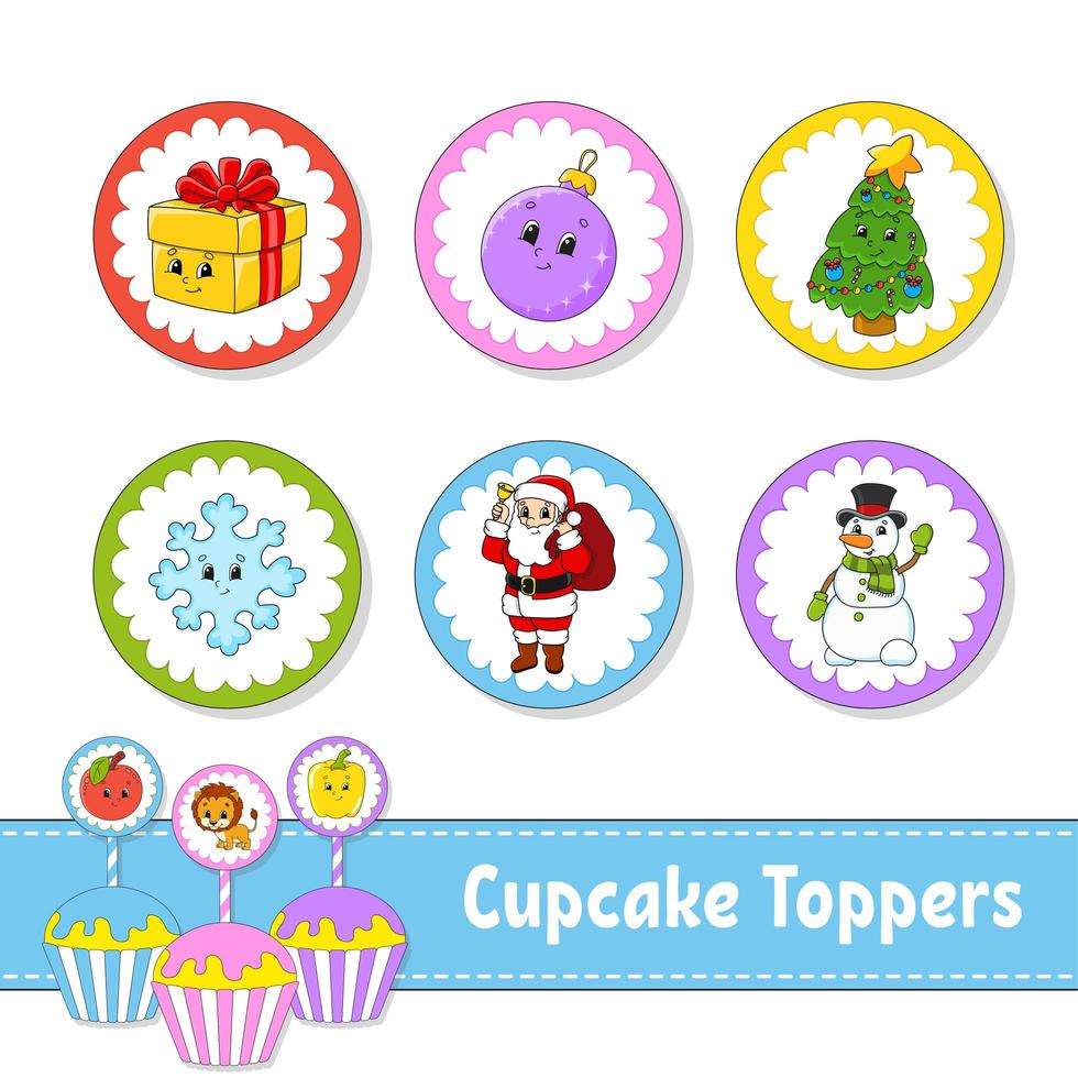 Cupcake Toppers. Set of six round pictures. Christmas theme. Cartoon characters. Cute image. For birhday, party, baby shower. vector