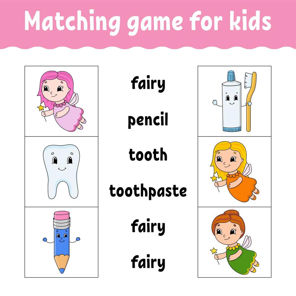 Matching game for kids. Find the correct answer. Draw a line. Learning words. Activity worksheet. Cartoon character. vector