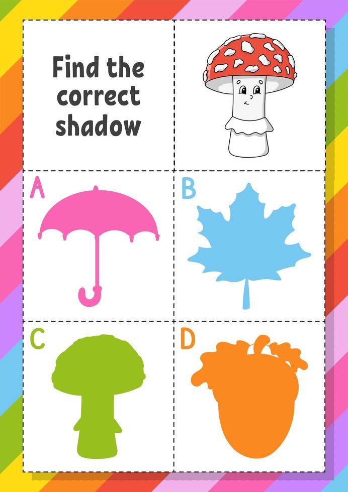 Find the correct shadow. Education developing worksheet for kids. Puzzle game. Activity page. Cartoon character. Autumn theme. vector