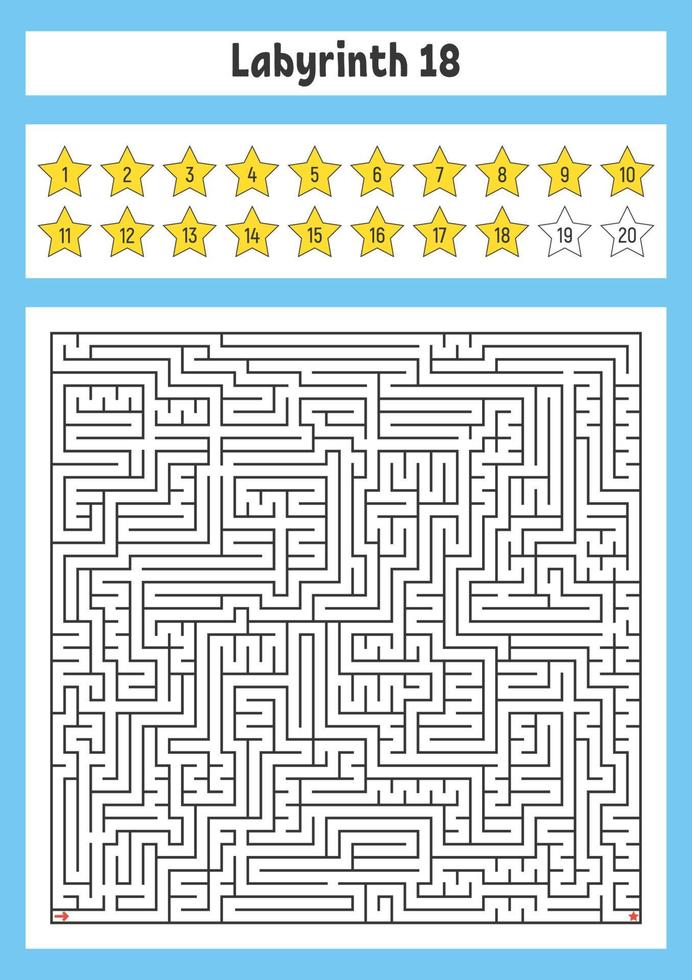 Square maze. Game for kids. Puzzle for children. Labyrinth conundrum. Color vector illustration. Find the right path. The development of logical and spatial thinking.