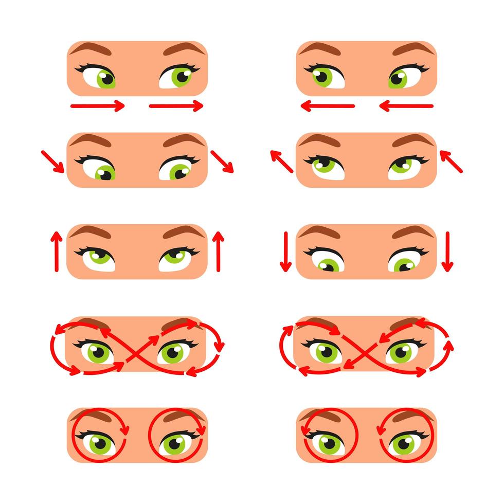 A set of exercises for the eyes. For better vision, relaxation, stretching, focus, training the eye muscles. Cartoon style. Color vector illustration isolated on white background.