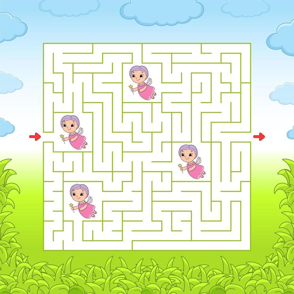Square maze. Game for kids. Puzzle for children. Labyrinth conundrum. Color vector illustration. Find the right path. Isolated vector illustration. Cartoon character.
