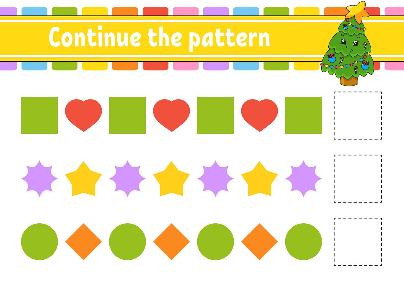 Continue the pattern. Education developing worksheet. Game for kids. Activity page. Puzzle for children. Riddle for preschool. Flat isolated vector illustration. Cute cartoon style.