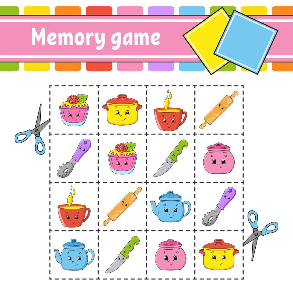 Memory game for kids. Education developing worksheet. Activity page with pictures. Puzzle game for children. Logical thinking training. Isolated vector illustration. Funny character. Cartoon style.