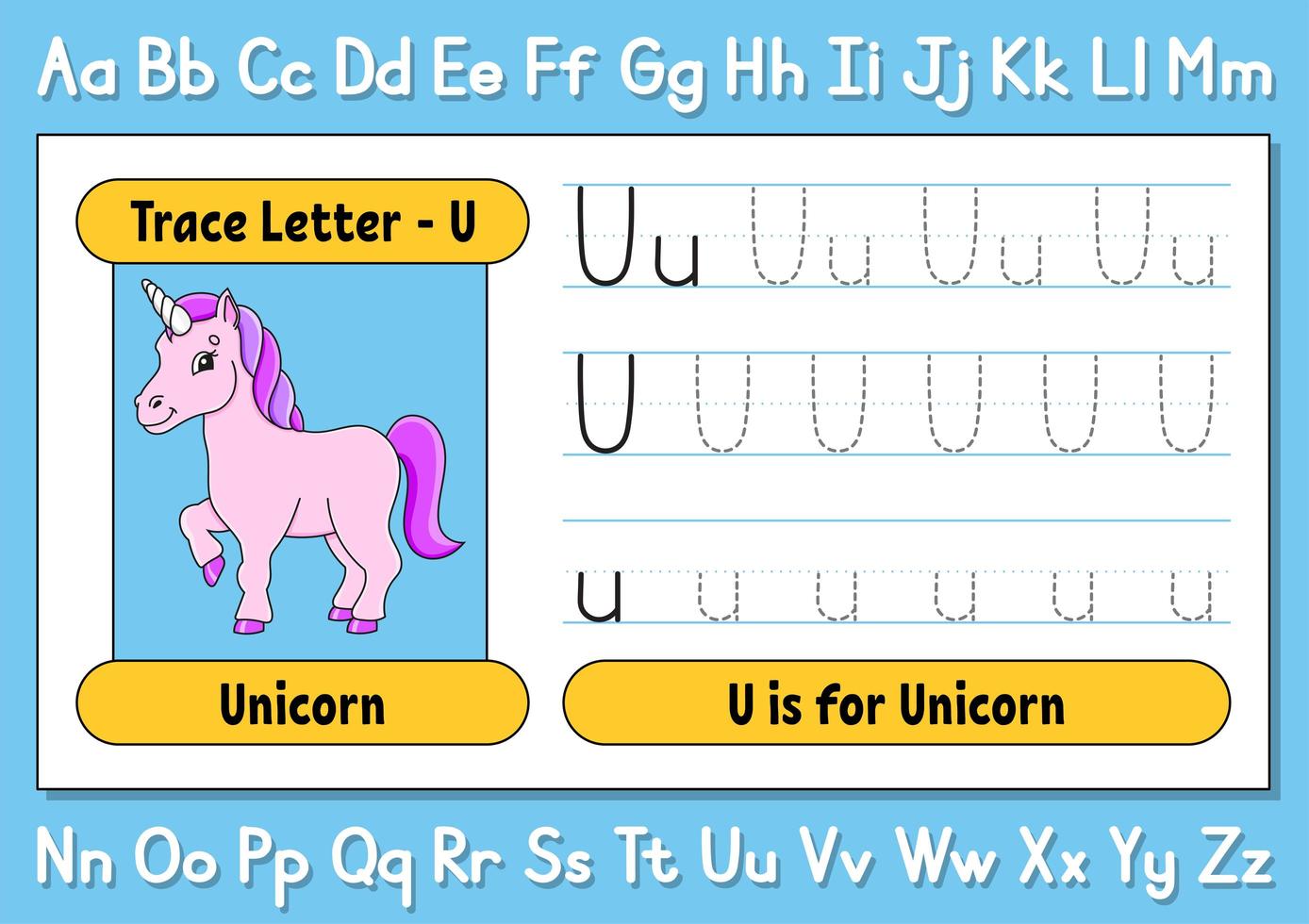 Trace letters. Writing practice. Tracing worksheet for kids. Learn alphabet. Cute character. Vector illustration. Cartoon style.