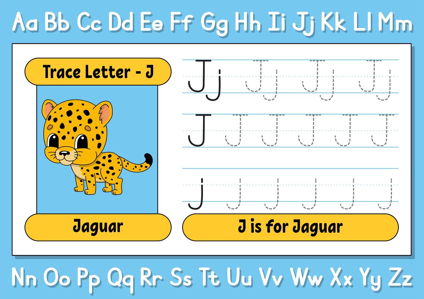 Trace letters. Writing practice. Tracing worksheet for kids. Learn alphabet. Cute character. Vector illustration. Cartoon style.