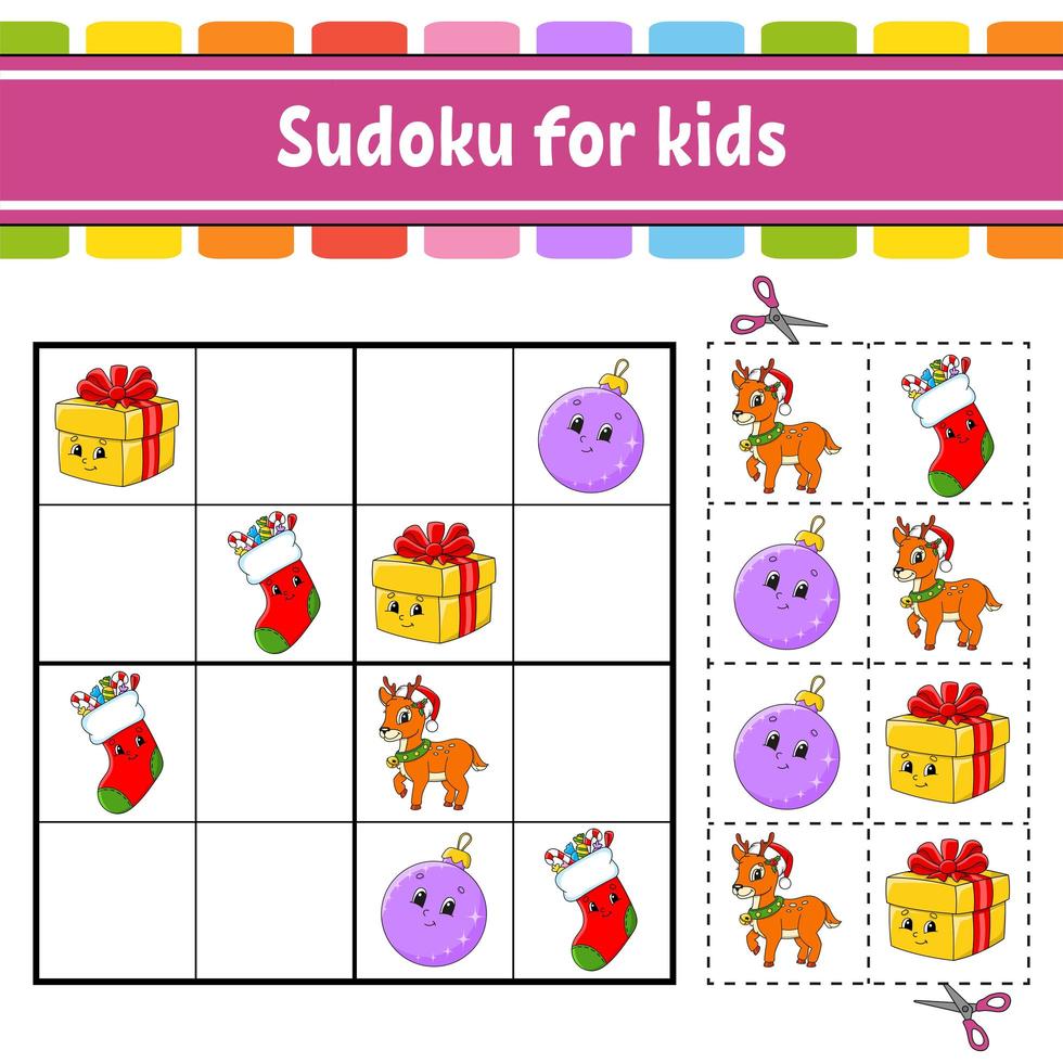 Sudoku for kids. Education developing worksheet. Activity page with pictures. Puzzle game for children. Logical thinking training. Isolated vector illustration. Funny character. Cartoon style.