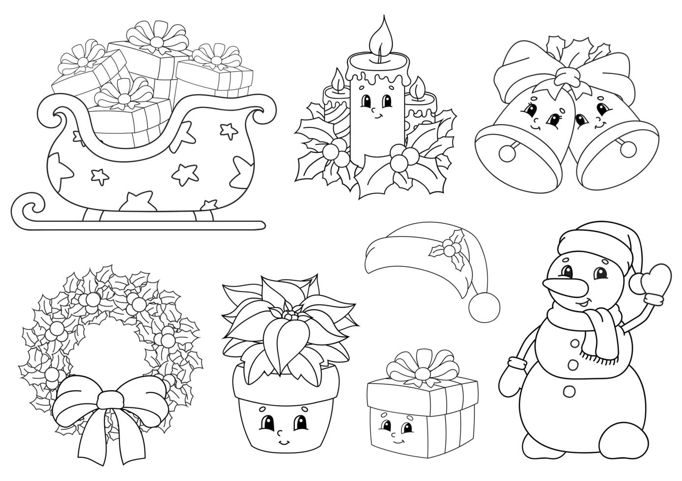 Coloring book for kids. Merry Christmas theme. Cheerful characters. Vector illustration. Cute cartoon style. Black contour silhouette. Isolated on white background.