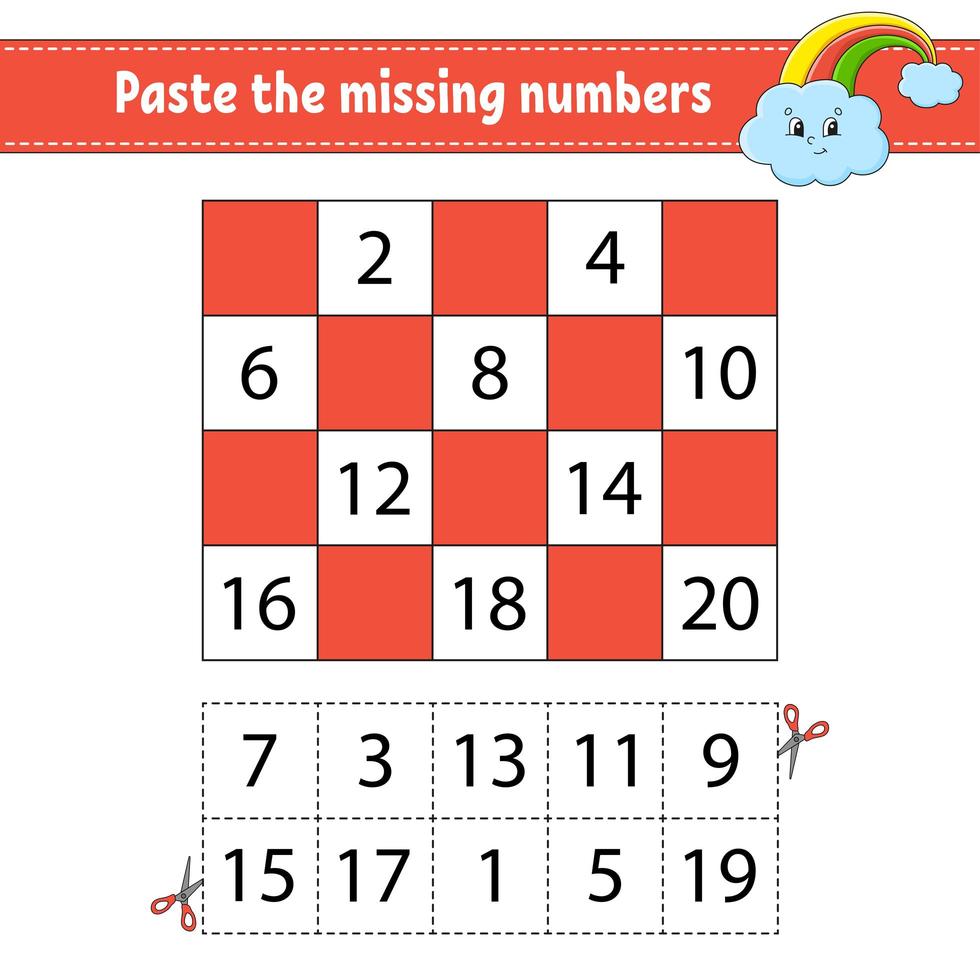 Paste the missing numbers 1-20. Game for children. Handwriting practice. Learning numbers for kids. Education developing worksheet. Activity page. Isolated vector illustration in cute cartoon style.