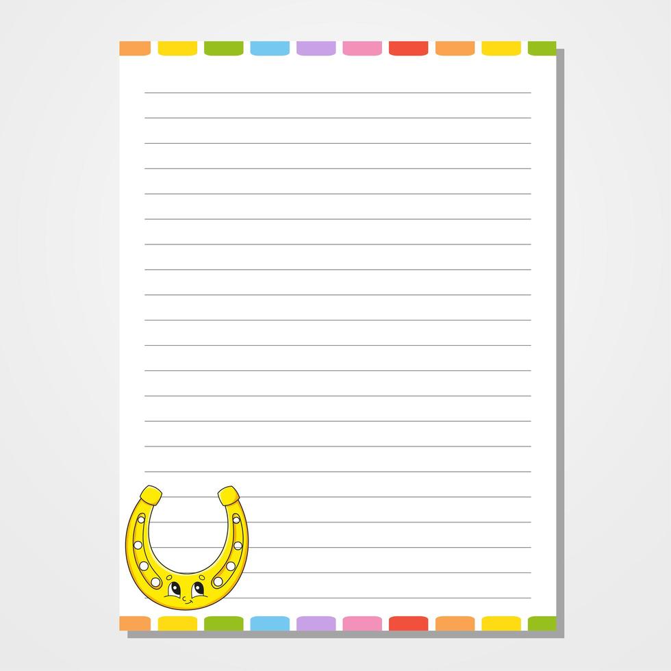 Sheet template for notebook, notepad, diary. Lined paper. Cute character. With a color image. Isolated vector illustration. Cartoon style.