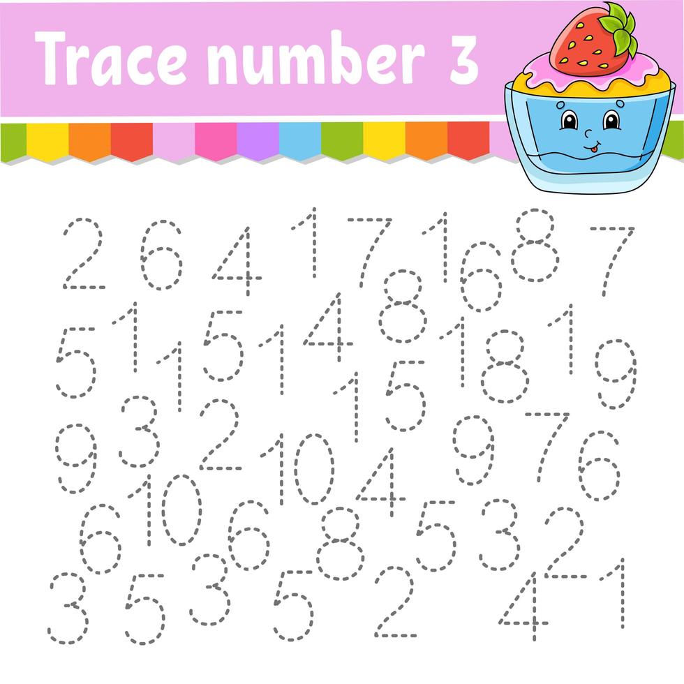 Trace number . Handwriting practice. Learning numbers for kids. Education developing worksheet. Activity page. Game for toddlers and preschoolers. Isolated vector illustration in cute cartoon style.