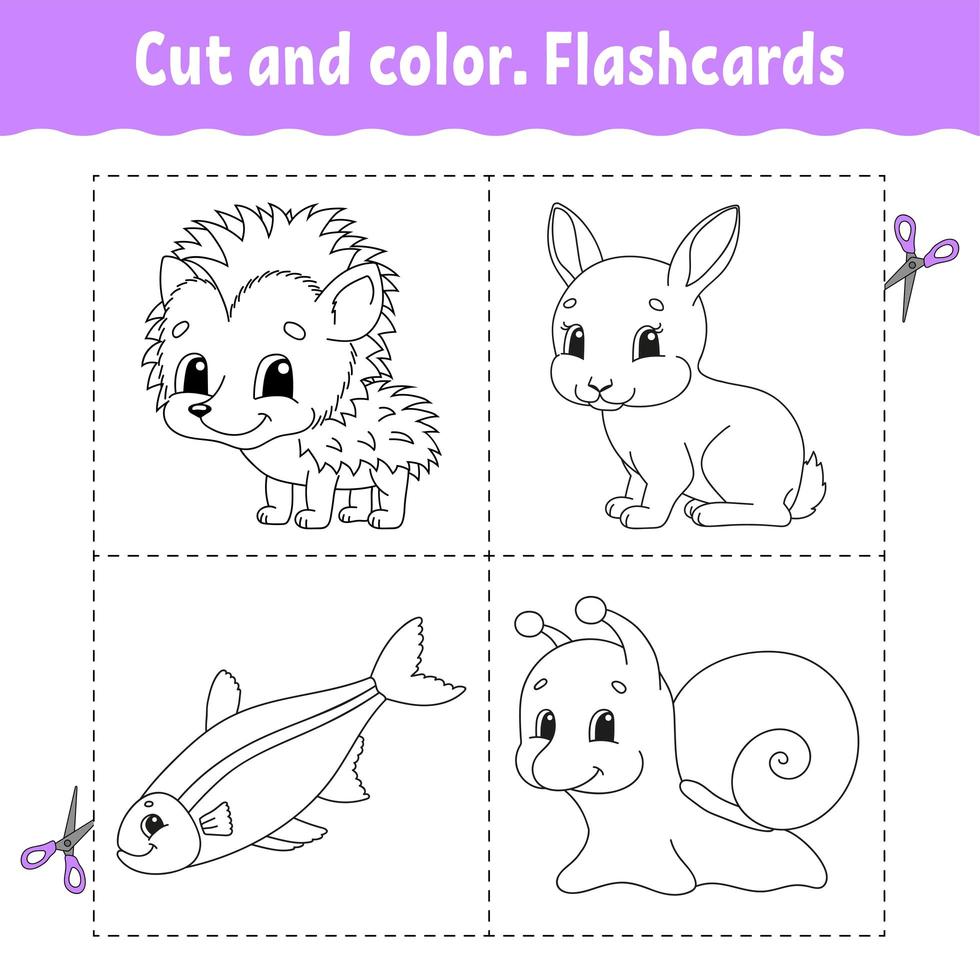 cortar y colorear. conjunto de tarjetas de memoria flash. libro para colorear para niños. personaje animado. vector