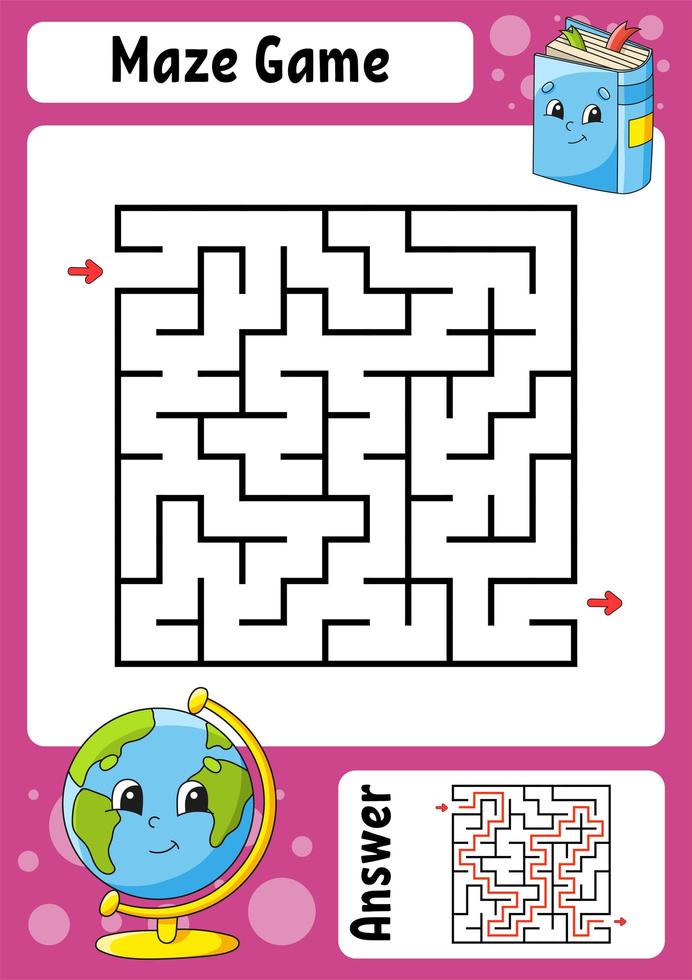 Square maze. Game for kids. Funny labyrinth. Education developing worksheet. Activity page. Puzzle for children. Cartoon style. Back to school. Logical conundrum. Color vector illustration.