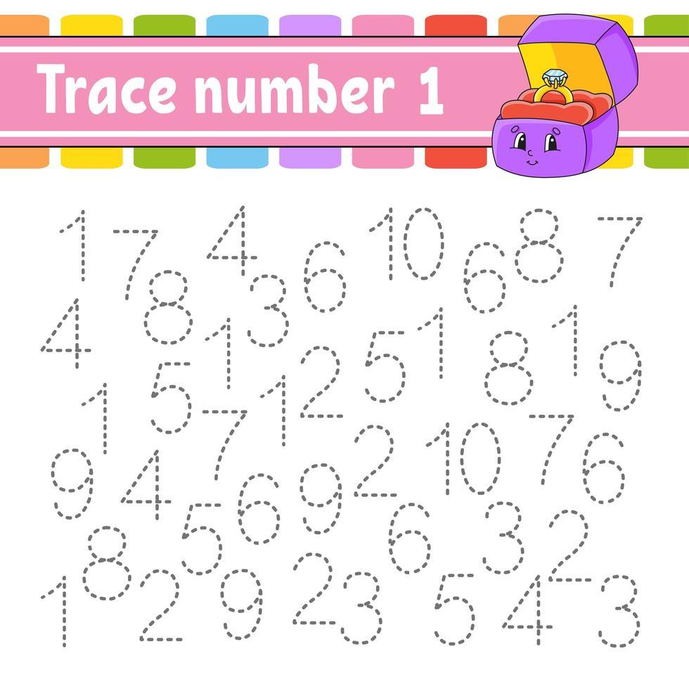 Trace number. Handwriting practice. Learning numbers for kids. Education developing worksheet. Activity page. Game for toddlers and preschoolers. Isolated vector illustration in cute cartoon style.