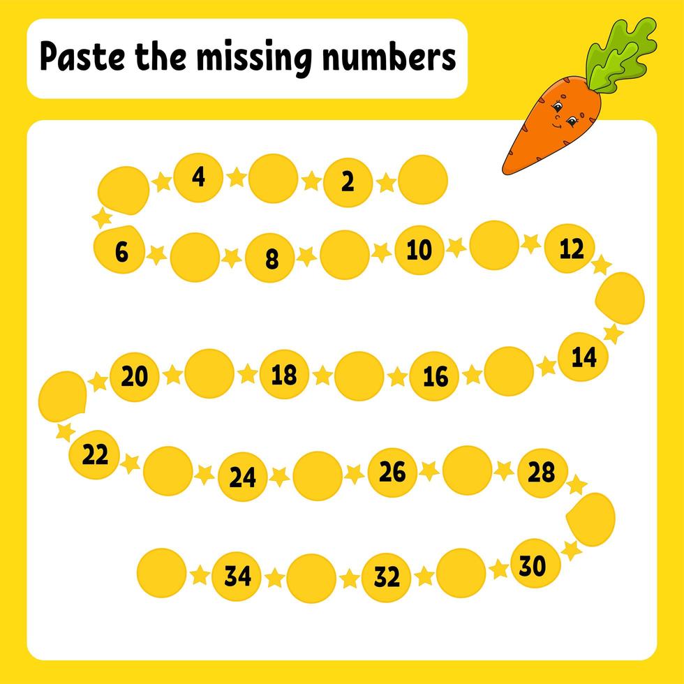 Paste the missing numbers. Handwriting practice. Learning numbers for kids. Education developing worksheet. Color activity page. Vegetable carrot. Isolated vector illustration in cartoon style.