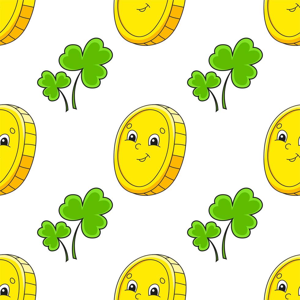 Color seamless pattern. Gold coin. St. Patrick's Day. Cartoon style. Hand drawn. Vector illustration isolated on white background.